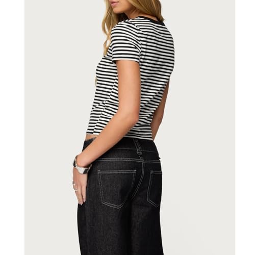Women Striped Baby Tees Short Sleeve Crew Neck Basic Fitted T Shirt Girls Cute Y2K Preppy Going Out Crop Tops Summer
