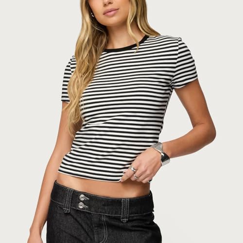 Women Striped Baby Tees Short Sleeve Crew Neck Basic Fitted T Shirt Girls Cute Y2K Preppy Going Out Crop Tops Summer