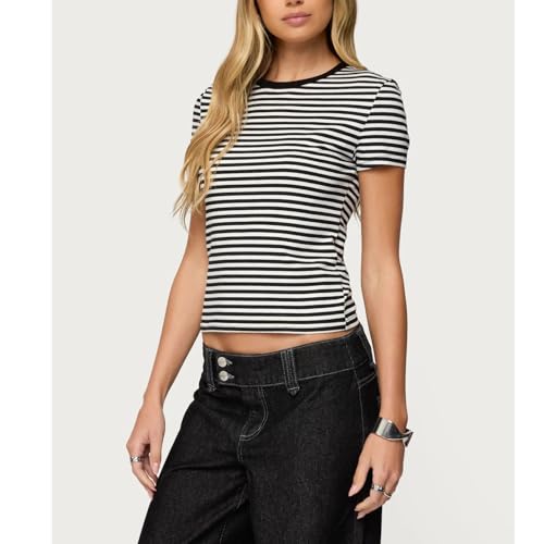 Women Striped Baby Tees Short Sleeve Crew Neck Basic Fitted T Shirt Girls Cute Y2K Preppy Going Out Crop Tops Summer