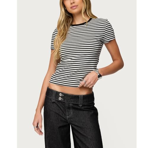Women Striped Baby Tees Short Sleeve Crew Neck Basic Fitted T Shirt Girls Cute Y2K Preppy Going Out Crop Tops Summer