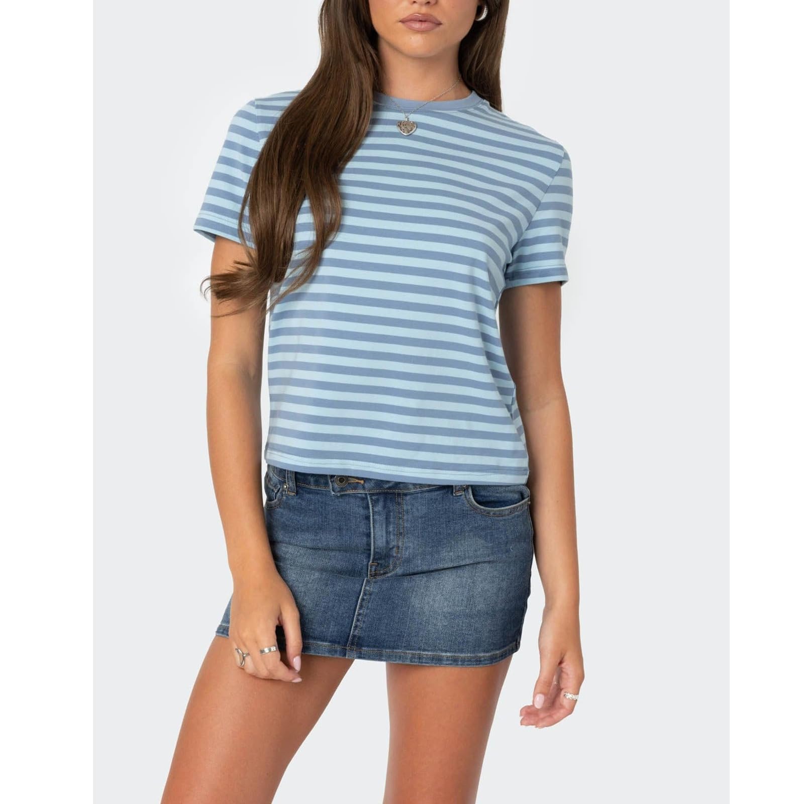 Blue Women Striped Baby Tees Short Sleeve Crew Neck Basic Fitted T Shirt Girls Cute Y2K Preppy Going Out Crop Tops Summer