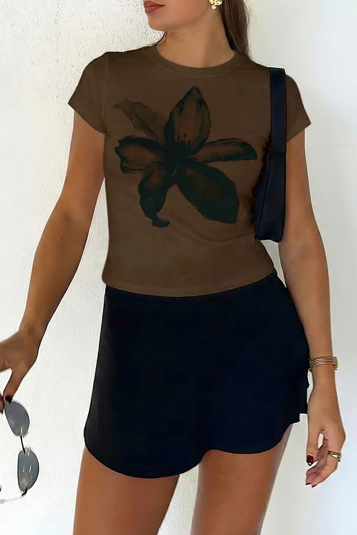 Brown Womens Y2K Graphic Baby Tees Summer Flower Vintage Short Sleeve Tops Slim Fit Cropped T-Shirts