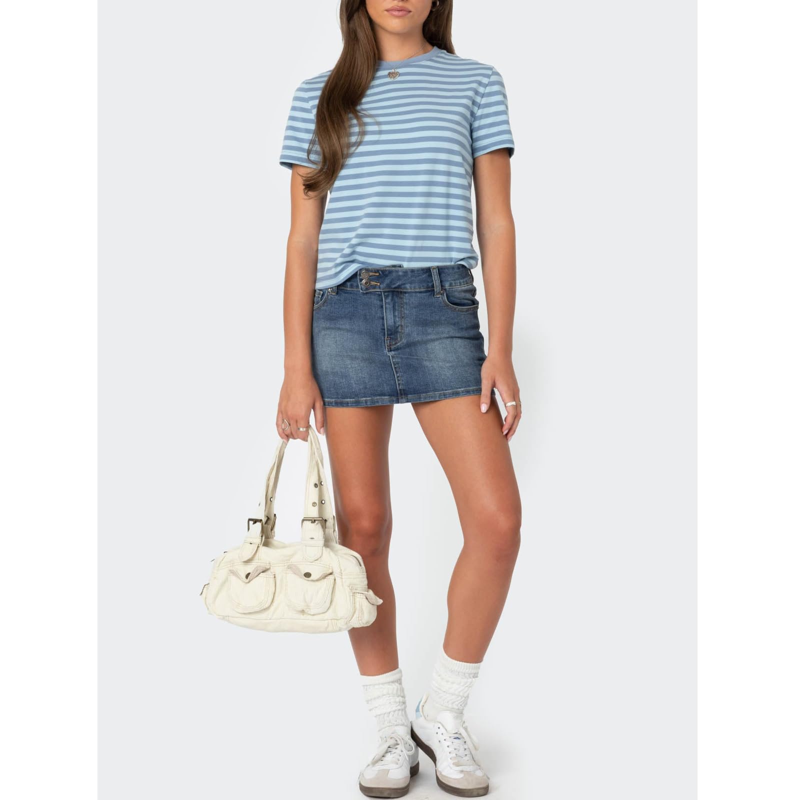 Blue Women Striped Baby Tees Short Sleeve Crew Neck Basic Fitted T Shirt Girls Cute Y2K Preppy Going Out Crop Tops Summer