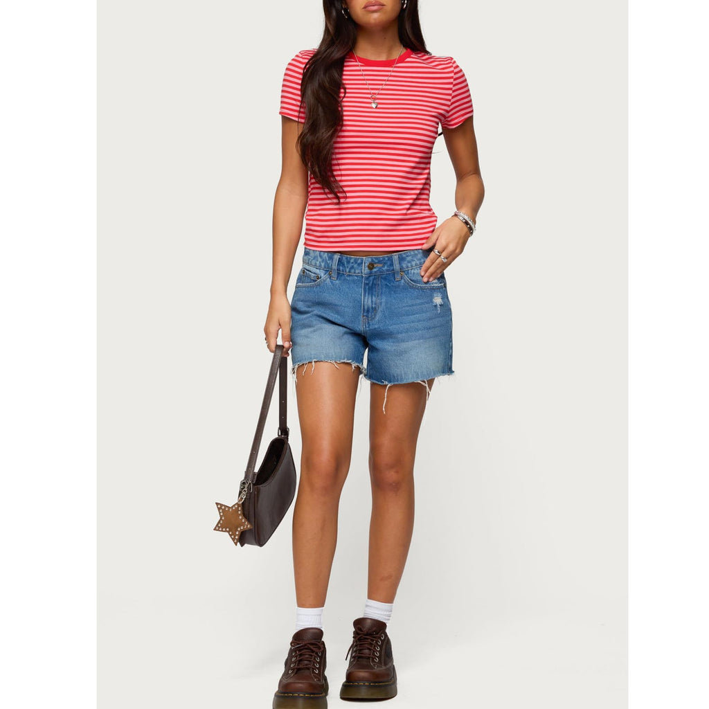 Pink Red Women Striped Baby Tees Short Sleeve Crew Neck Basic Fitted T Shirt Girls Cute Y2K Preppy Going Out Crop Tops Summer