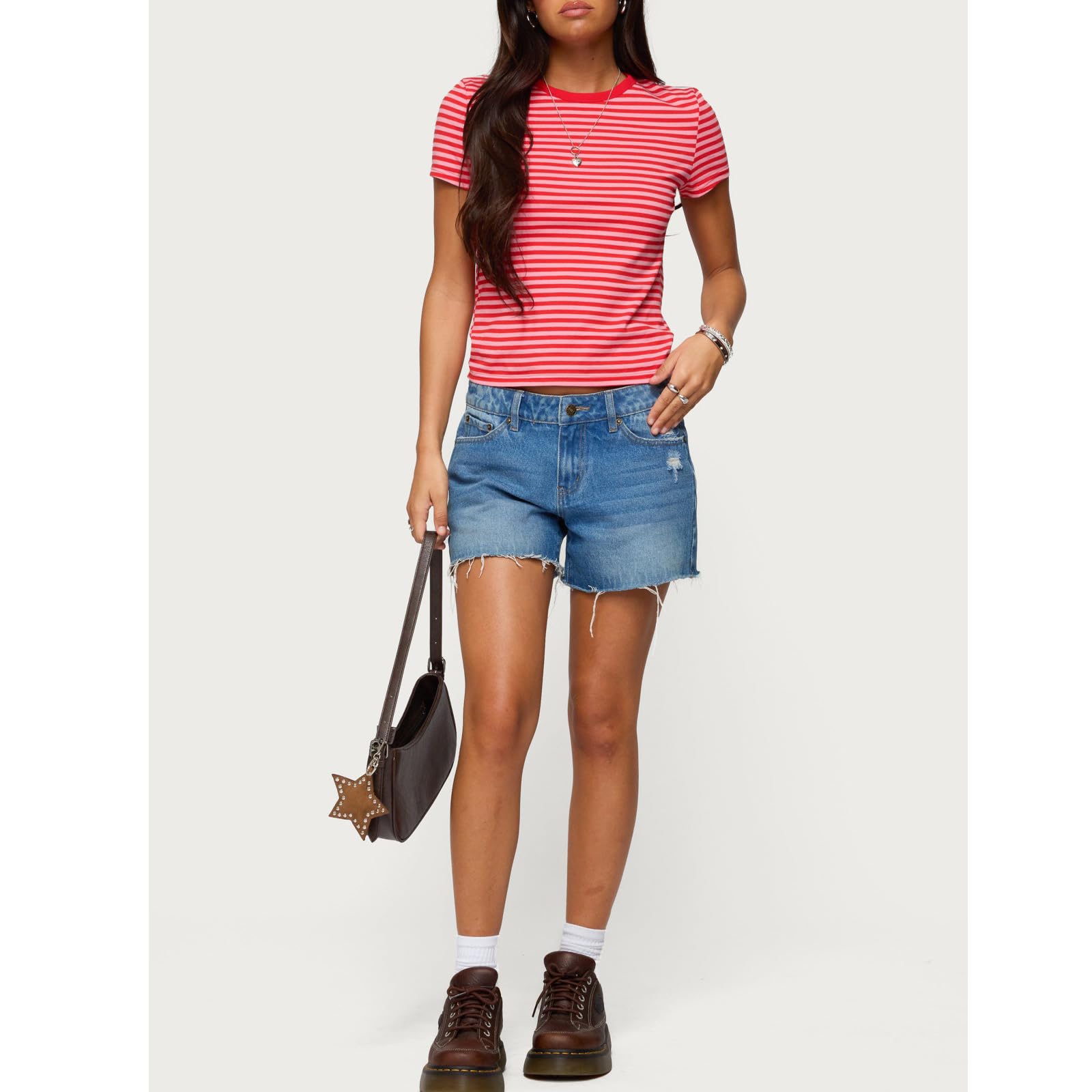 Pink Red Women Striped Baby Tees Short Sleeve Crew Neck Basic Fitted T Shirt Girls Cute Y2K Preppy Going Out Crop Tops Summer