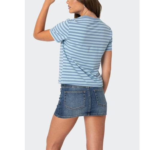 Blue Women Striped Baby Tees Short Sleeve Crew Neck Basic Fitted T Shirt Girls Cute Y2K Preppy Going Out Crop Tops Summer