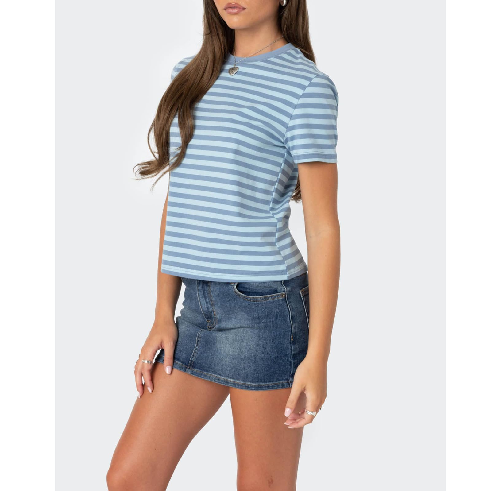 Blue Women Striped Baby Tees Short Sleeve Crew Neck Basic Fitted T Shirt Girls Cute Y2K Preppy Going Out Crop Tops Summer