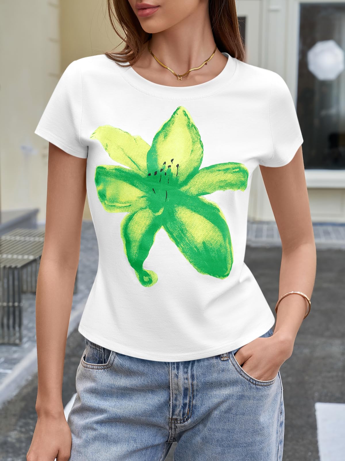 Green Womens Y2K Graphic Baby Tees Summer Flower Vintage Short Sleeve Tops Slim Fit Cropped T-Shirts