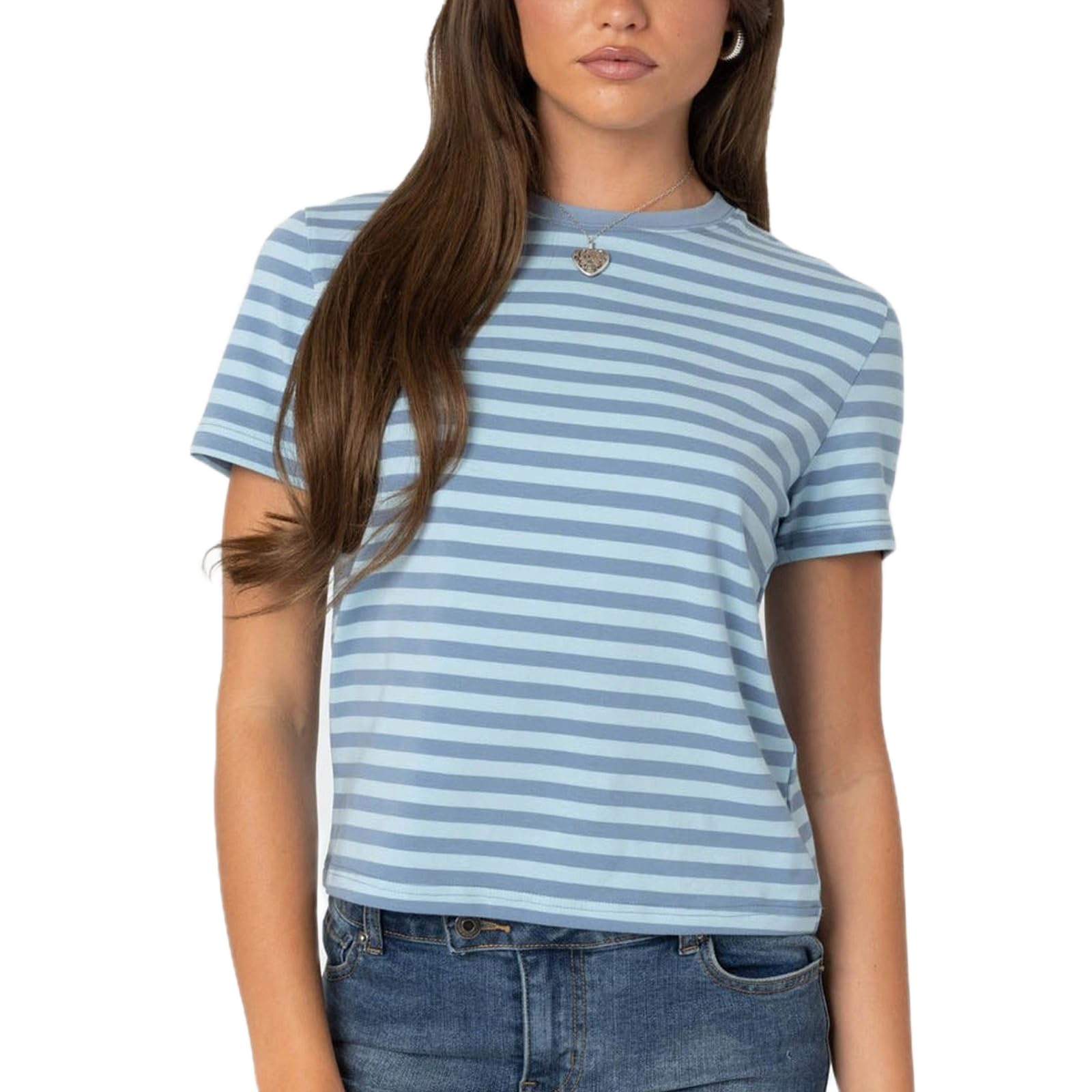 Blue Women Striped Baby Tees Short Sleeve Crew Neck Basic Fitted T Shirt Girls Cute Y2K Preppy Going Out Crop Tops Summer