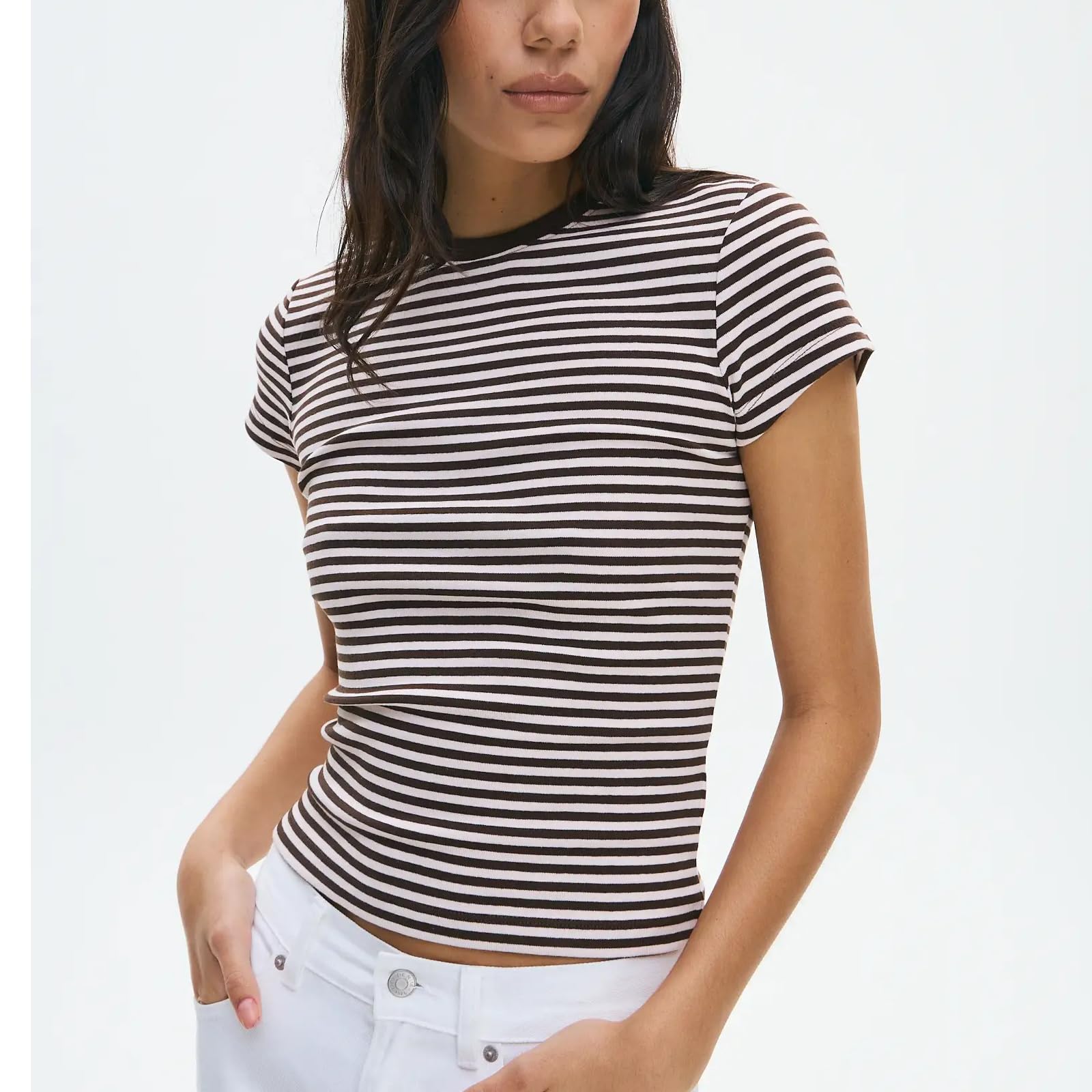 Black Women Striped Baby Tees Short Sleeve Crew Neck Basic Fitted T Shirt Girls Cute Y2K Preppy Going Out Crop Tops Summer
