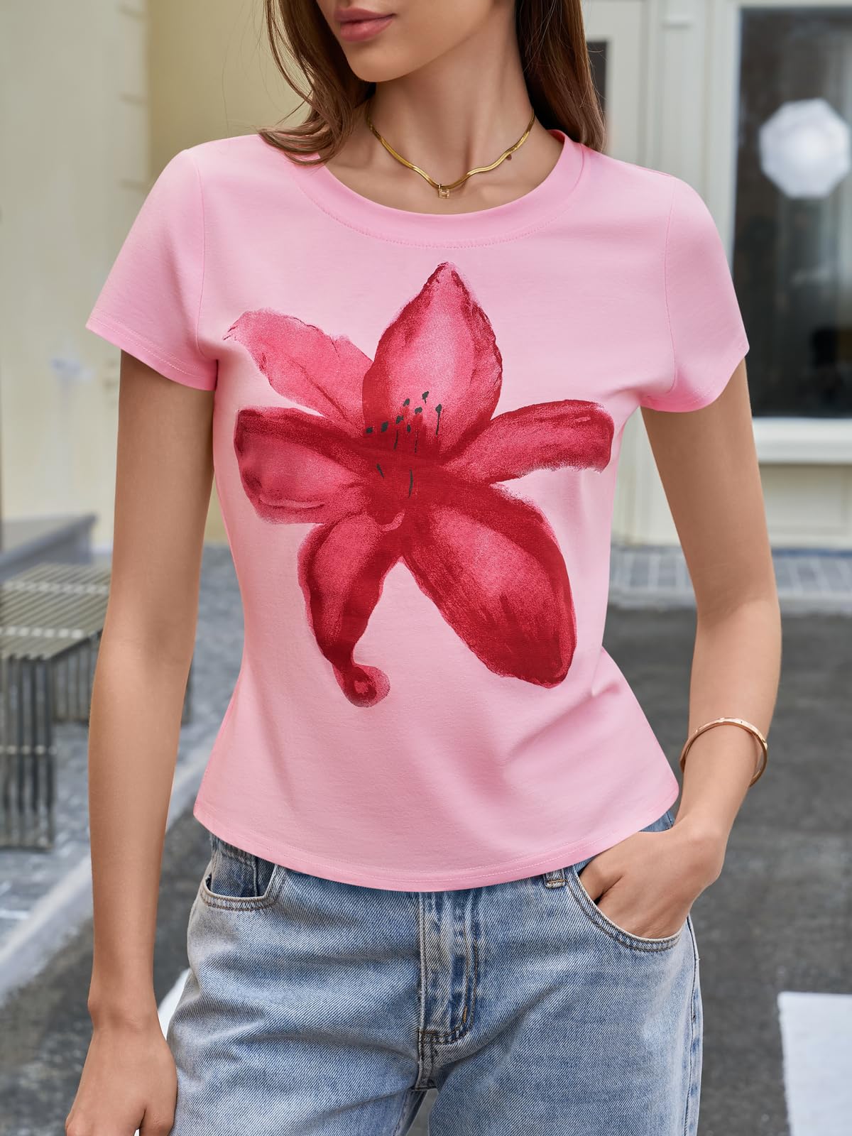 Pink Womens Y2K Graphic Baby Tees Summer Flower Vintage Short Sleeve Tops Slim Fit Cropped T-Shirts