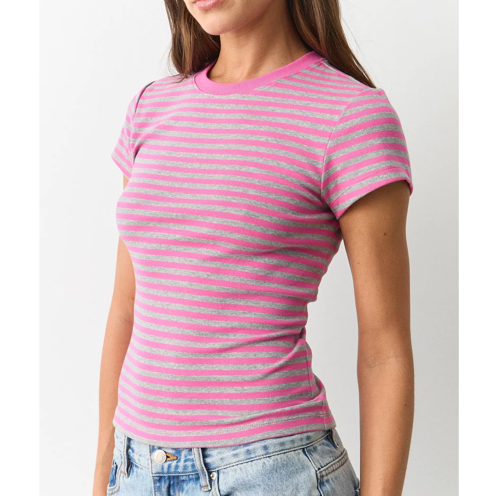 Pink Women Striped Baby Tees Short Sleeve Crew Neck Basic Fitted T Shirt Girls Cute Y2K Preppy Going Out Crop Tops Summer (Copy)