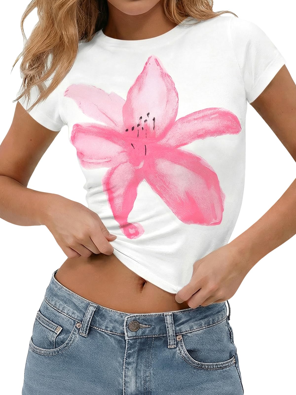 White Womens Y2K Graphic Baby Tees Summer Flower Vintage Short Sleeve Tops Slim Fit Cropped T-Shirts