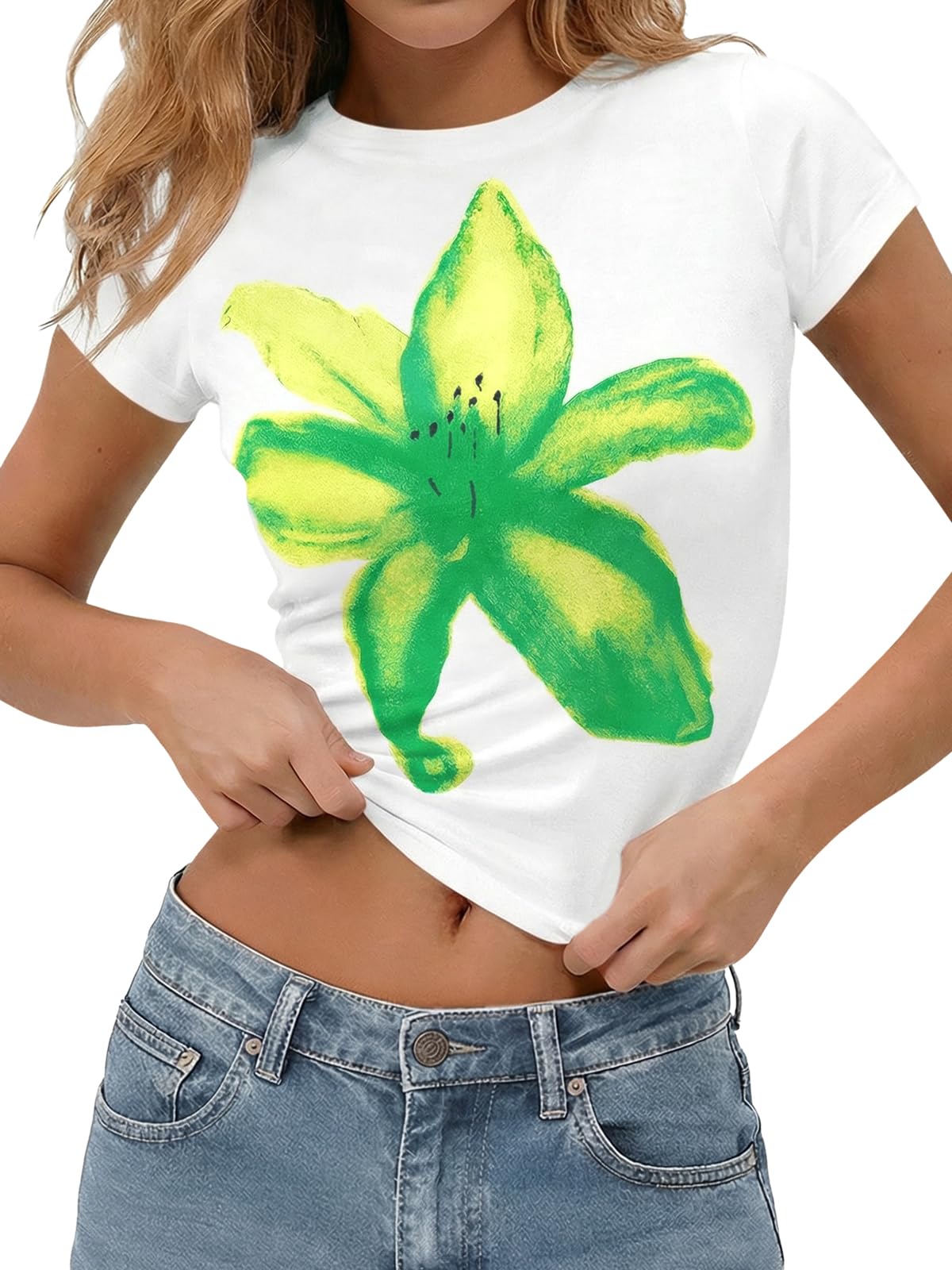 Green Womens Y2K Graphic Baby Tees Summer Flower Vintage Short Sleeve Tops Slim Fit Cropped T-Shirts