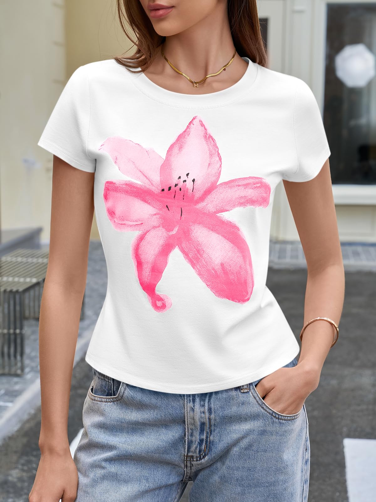 White Womens Y2K Graphic Baby Tees Summer Flower Vintage Short Sleeve Tops Slim Fit Cropped T-Shirts