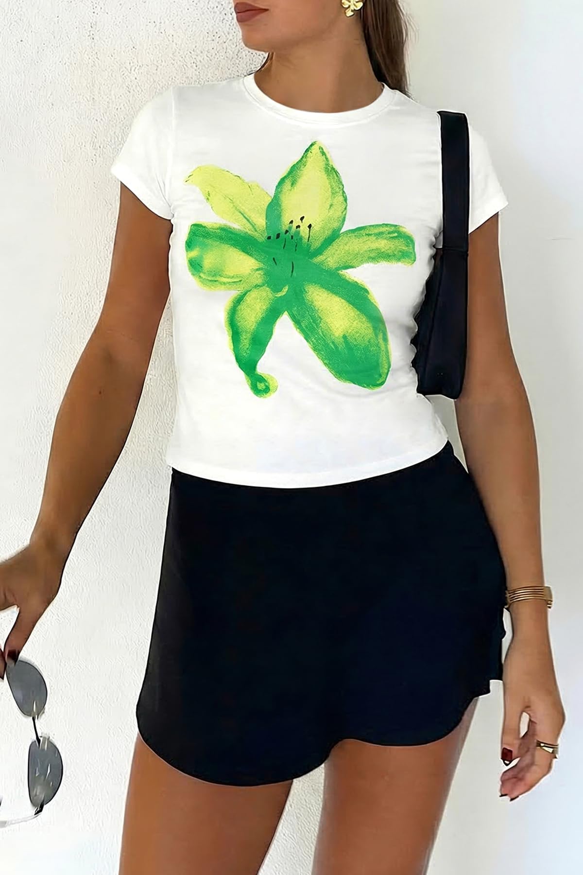 Green Womens Y2K Graphic Baby Tees Summer Flower Vintage Short Sleeve Tops Slim Fit Cropped T-Shirts