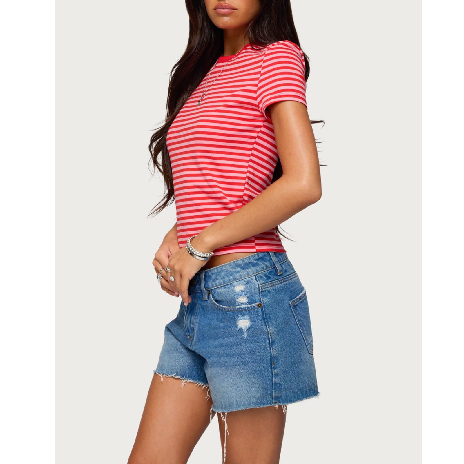 Pink Red Women Striped Baby Tees Short Sleeve Crew Neck Basic Fitted T Shirt Girls Cute Y2K Preppy Going Out Crop Tops Summer