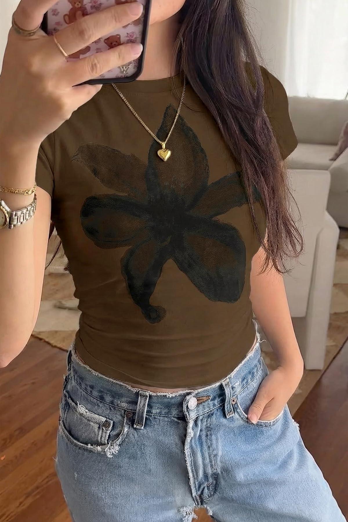 Brown Womens Y2K Graphic Baby Tees Summer Flower Vintage Short Sleeve Tops Slim Fit Cropped T-Shirts