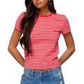 Pink Red Women Striped Baby Tees Short Sleeve Crew Neck Basic Fitted T Shirt Girls Cute Y2K Preppy Going Out Crop Tops Summer
