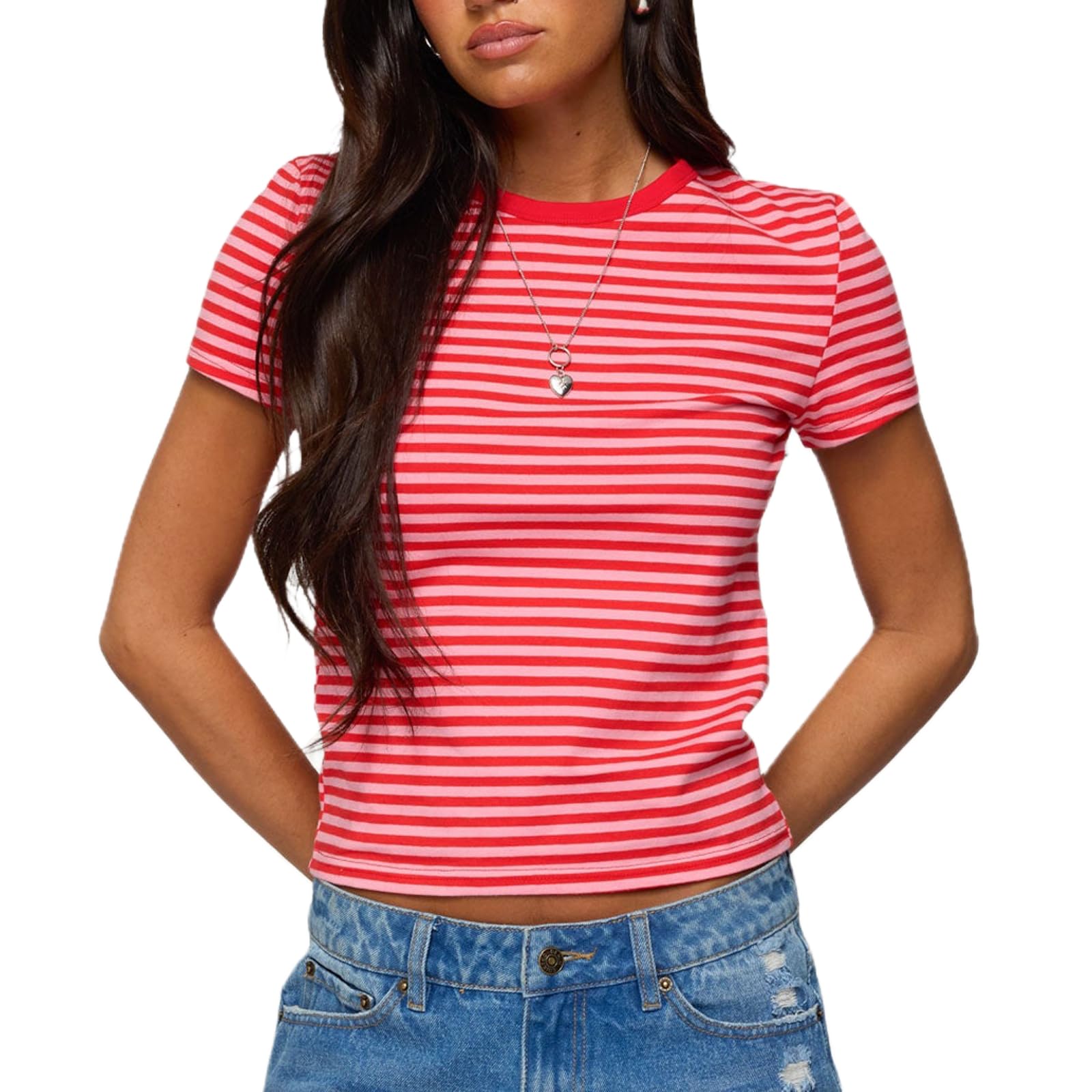 Pink Red Women Striped Baby Tees Short Sleeve Crew Neck Basic Fitted T Shirt Girls Cute Y2K Preppy Going Out Crop Tops Summer