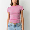 Pink Women Striped Baby Tees Short Sleeve Crew Neck Basic Fitted T Shirt Girls Cute Y2K Preppy Going Out Crop Tops Summer (Copy)