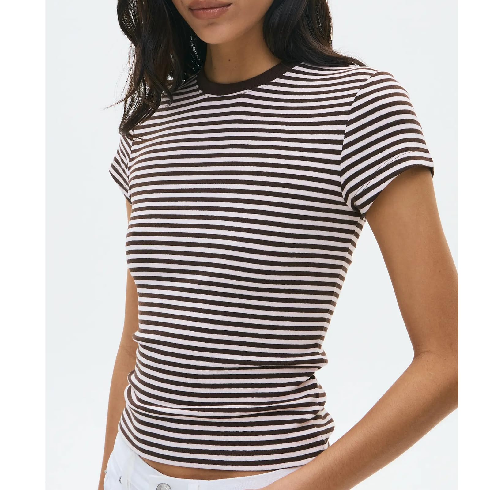 Black Women Striped Baby Tees Short Sleeve Crew Neck Basic Fitted T Shirt Girls Cute Y2K Preppy Going Out Crop Tops Summer