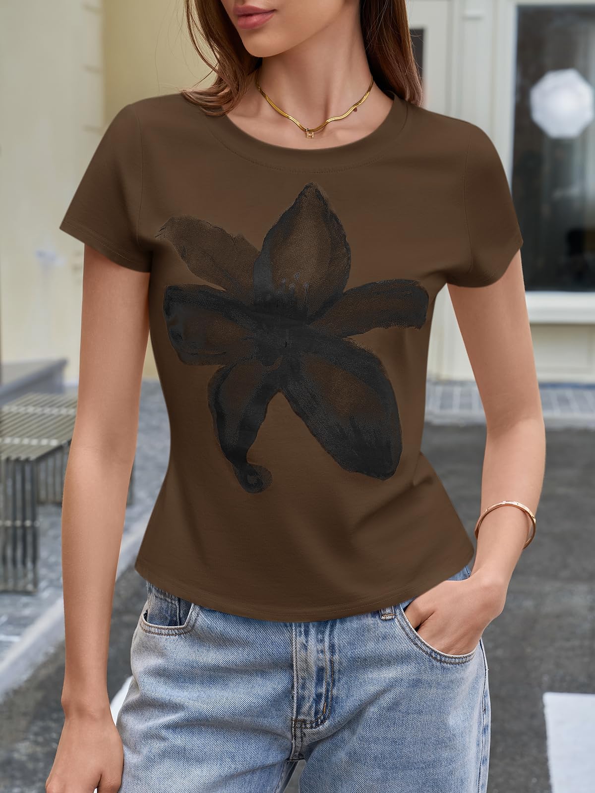 Brown Womens Y2K Graphic Baby Tees Summer Flower Vintage Short Sleeve Tops Slim Fit Cropped T-Shirts