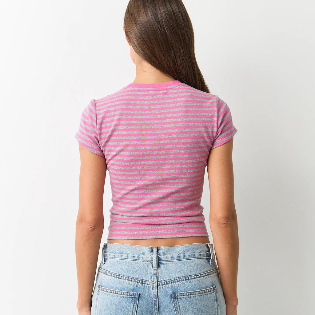 Pink Women Striped Baby Tees Short Sleeve Crew Neck Basic Fitted T Shirt Girls Cute Y2K Preppy Going Out Crop Tops Summer (Copy)