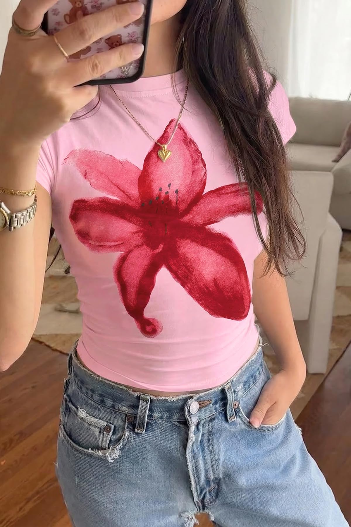 Pink Womens Y2K Graphic Baby Tees Summer Flower Vintage Short Sleeve Tops Slim Fit Cropped T-Shirts