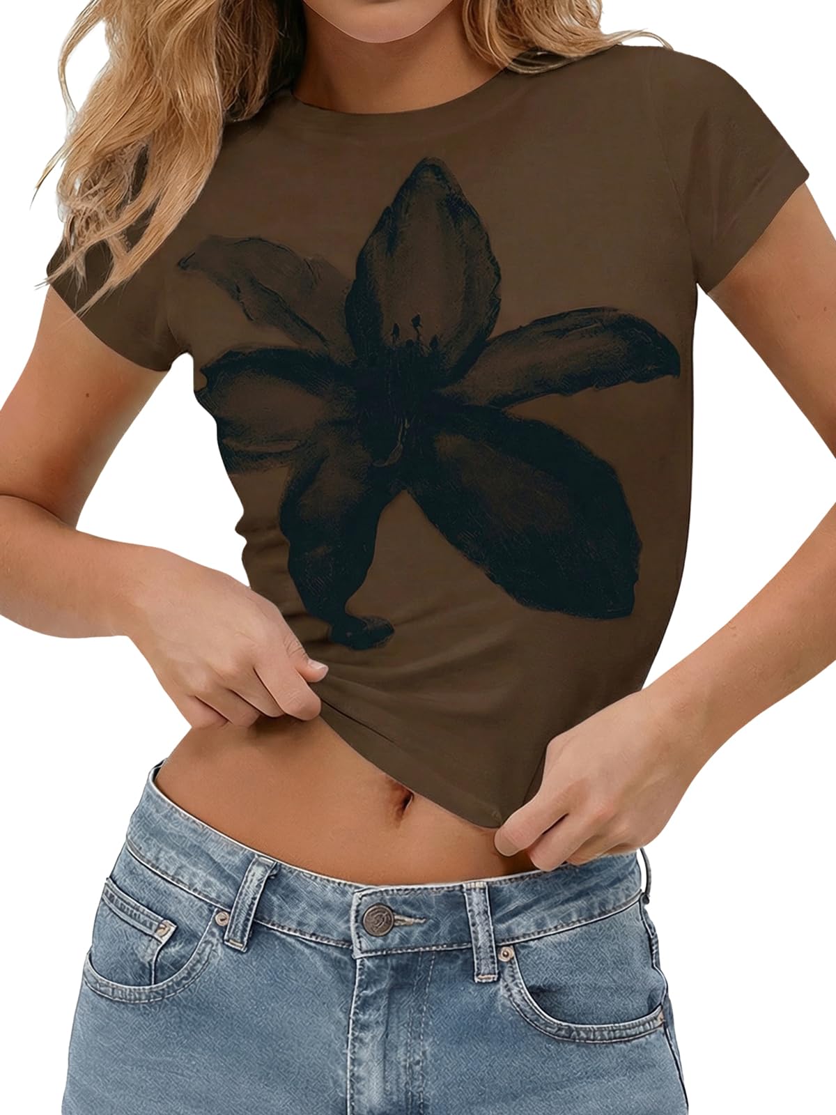 Brown Womens Y2K Graphic Baby Tees Summer Flower Vintage Short Sleeve Tops Slim Fit Cropped T-Shirts