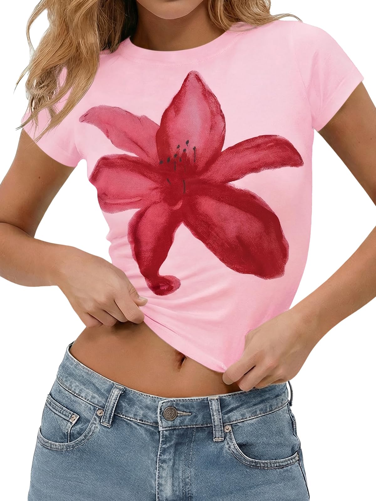 Pink Womens Y2K Graphic Baby Tees Summer Flower Vintage Short Sleeve Tops Slim Fit Cropped T-Shirts
