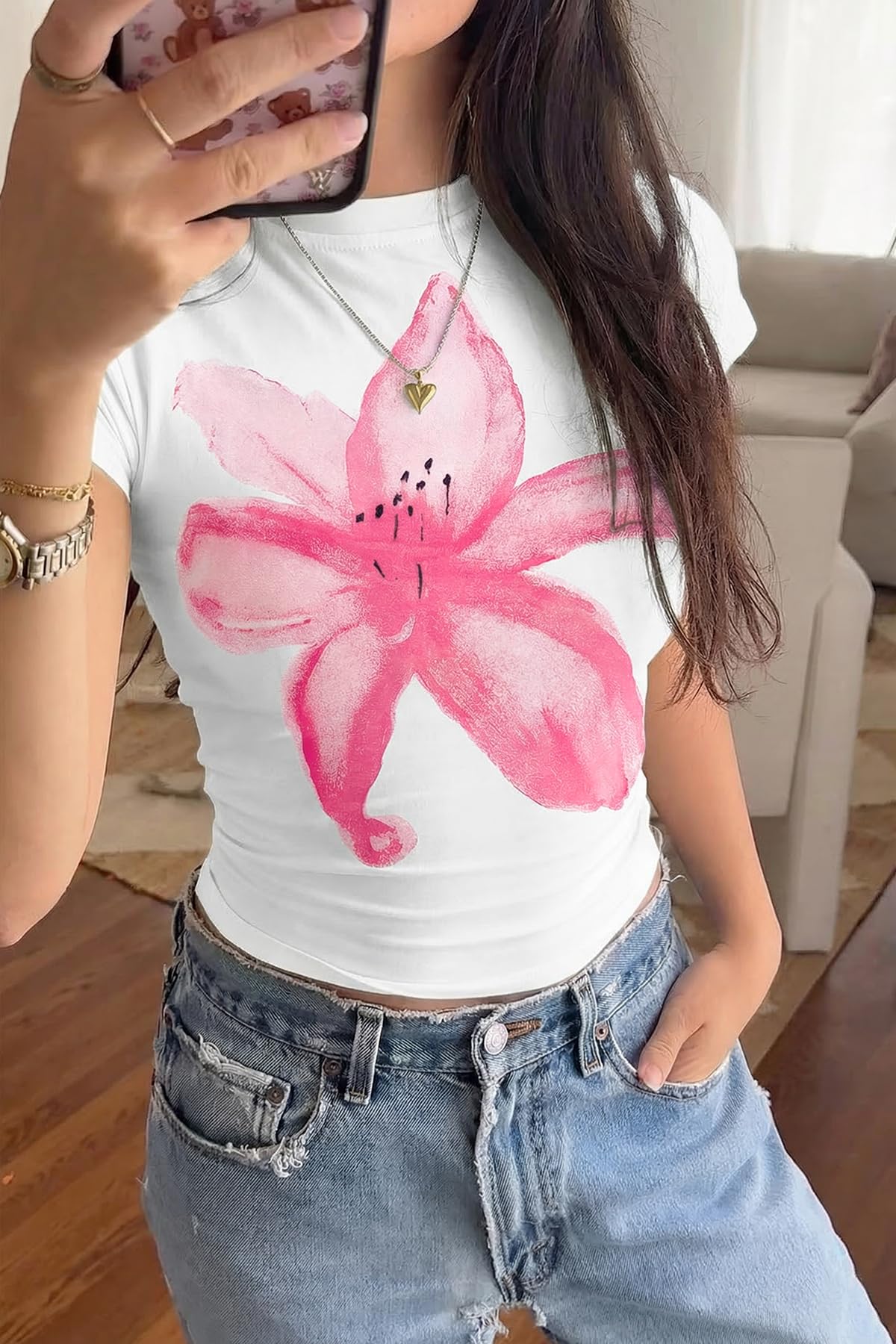 White Womens Y2K Graphic Baby Tees Summer Flower Vintage Short Sleeve Tops Slim Fit Cropped T-Shirts