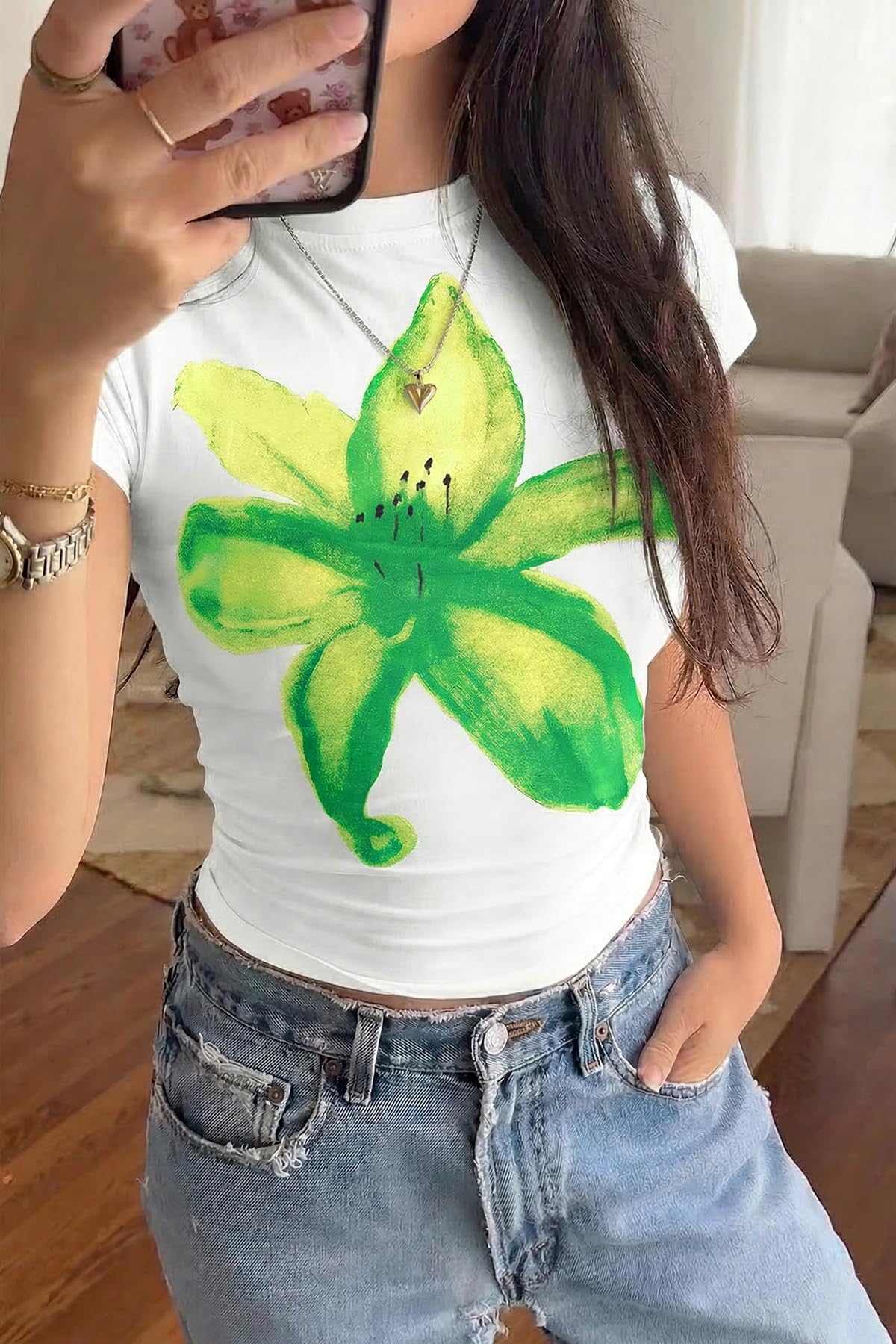 Green Womens Y2K Graphic Baby Tees Summer Flower Vintage Short Sleeve Tops Slim Fit Cropped T-Shirts