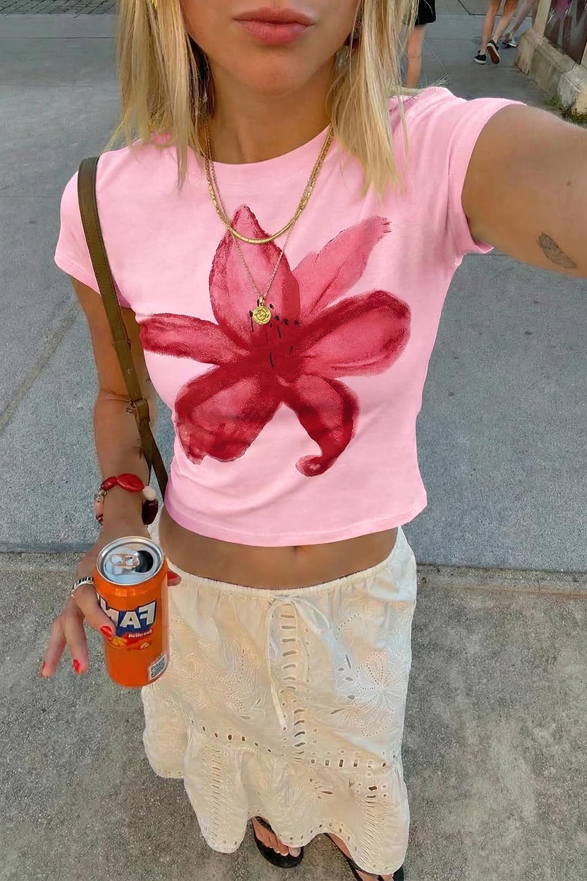Pink Womens Y2K Graphic Baby Tees Summer Flower Vintage Short Sleeve Tops Slim Fit Cropped T-Shirts