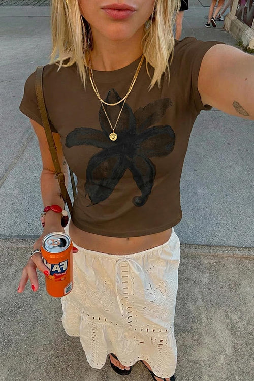 Brown Womens Y2K Graphic Baby Tees Summer Flower Vintage Short Sleeve Tops Slim Fit Cropped T-Shirts