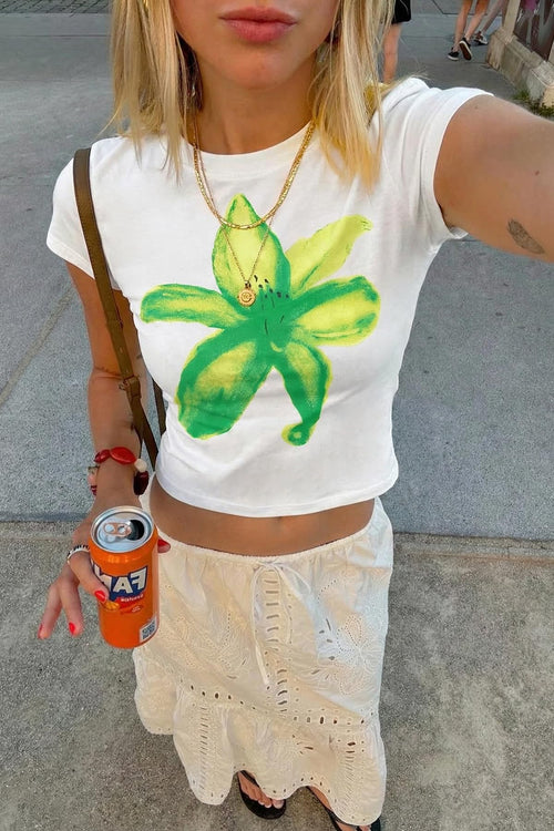 Green Womens Y2K Graphic Baby Tees Summer Flower Vintage Short Sleeve Tops Slim Fit Cropped T-Shirts